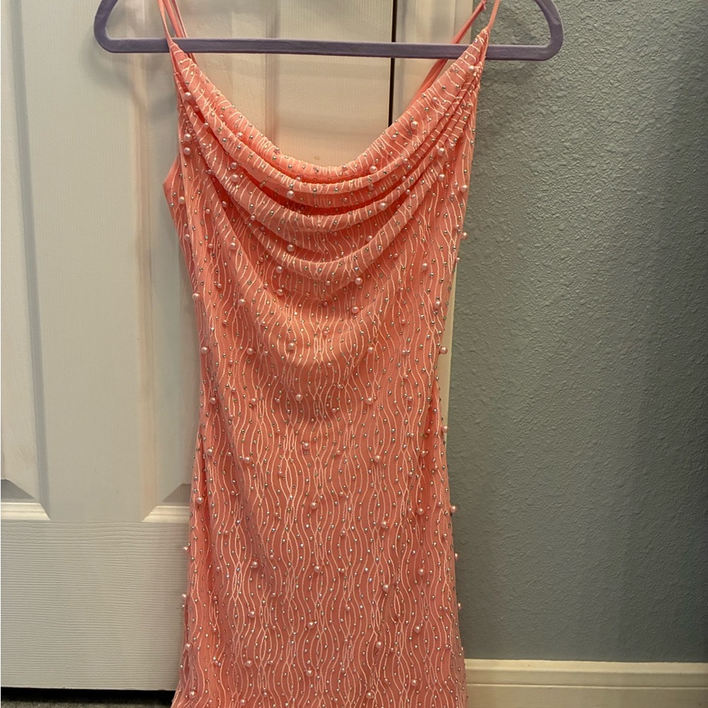 Elegant Peach Beaded Cowl Neck Slip Dress